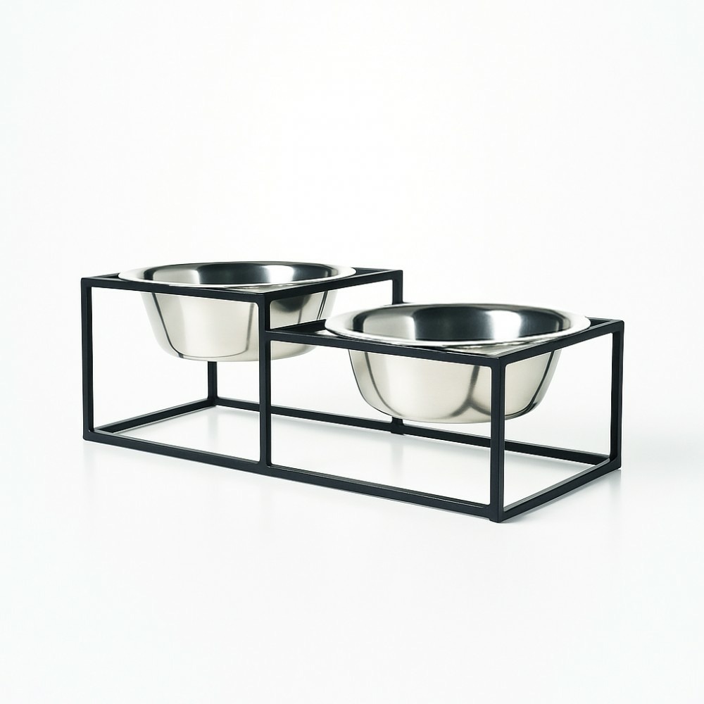 Kum - set de 2 gamelles surélevées pour chien en acier, socle filaire métal noir, 32x16x12cm