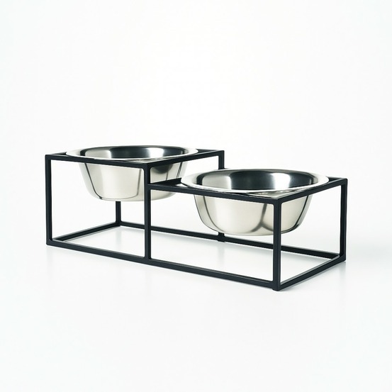 Kum - set de 2 gamelles surélevées pour chien en acier, socle filaire métal noir, 32x16x12cm