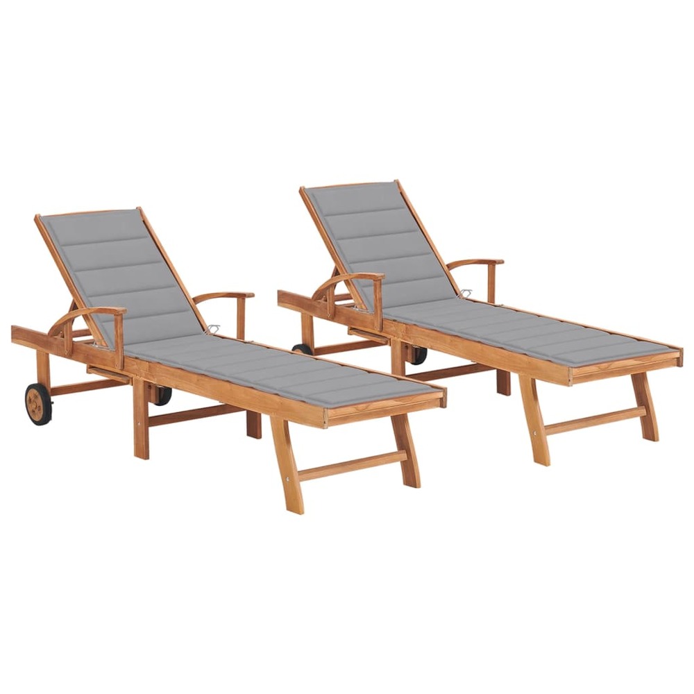 Lot de 2 transats chaise longue bain de soleil lit de jardin terrasse meuble d'extérieur avec coussin gris bois de teck solid
