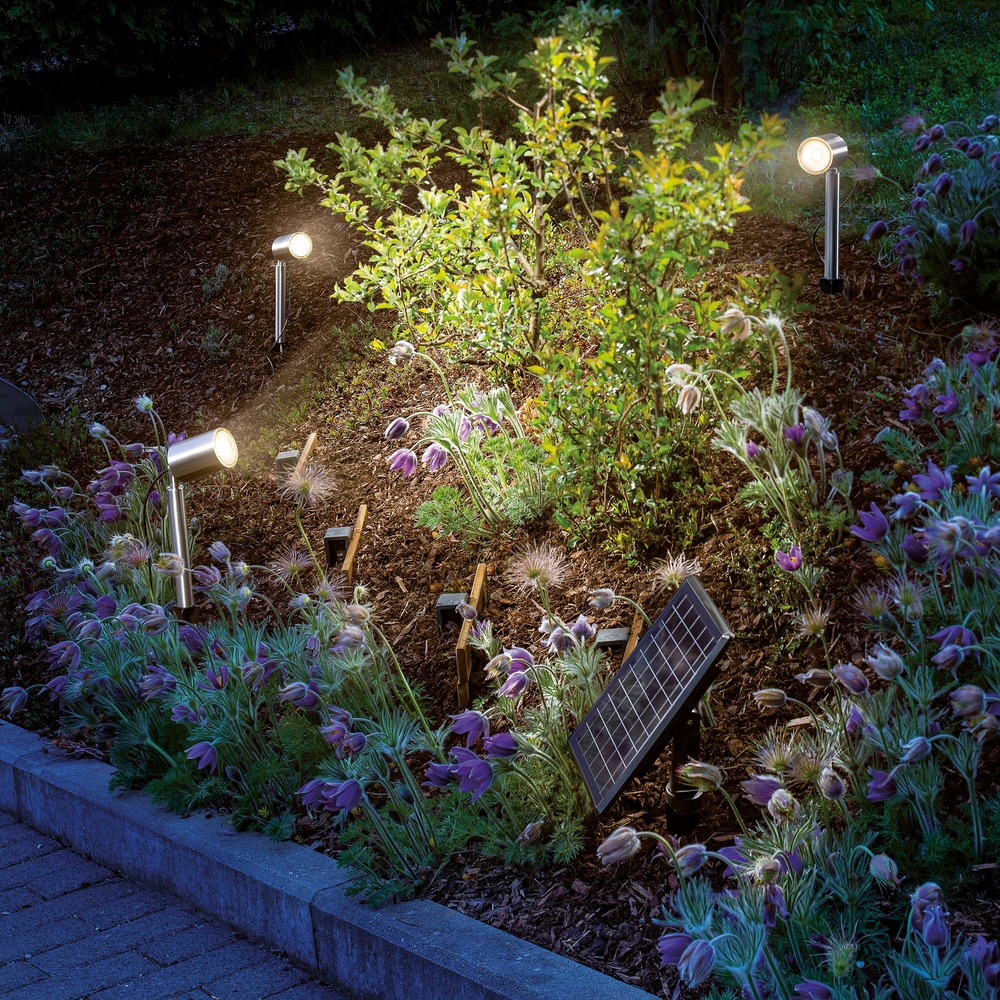 Projecteur solaire à led esotec powertrio avec 3 spots en acier inoxydable métal ip44 102705