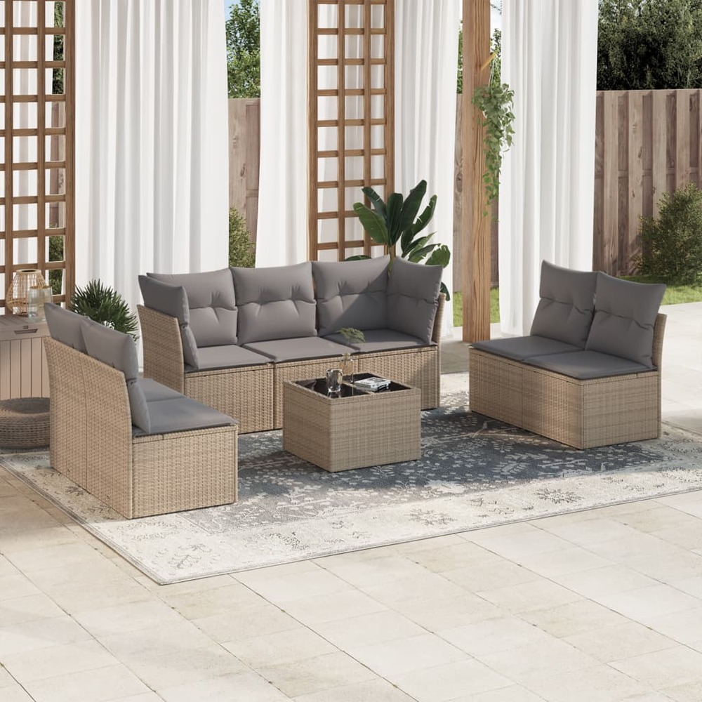 Salon de jardin avec coussins 8 pcs beige résine tressée