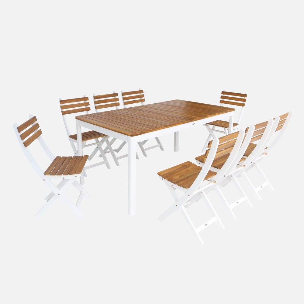 Table de jardin acacia avec coins arrondis. 8 chaises. Blanc. 160 x 90 x 75 cm