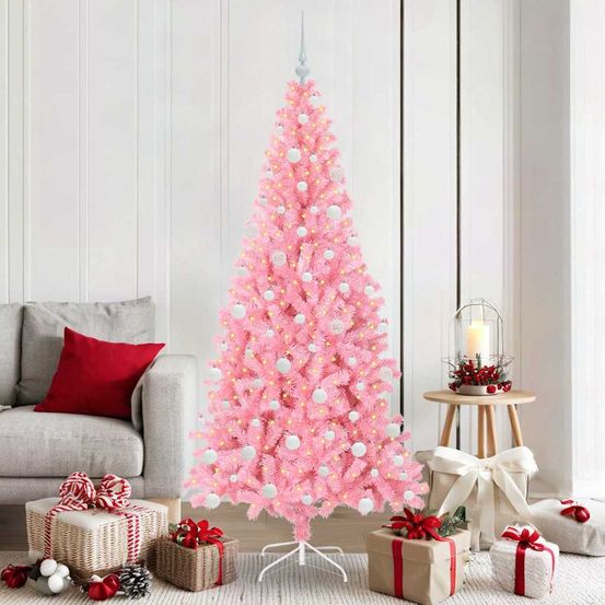 Sapin de noël original rose 180 cm, décoration lumineuse avec 120 boules incluses