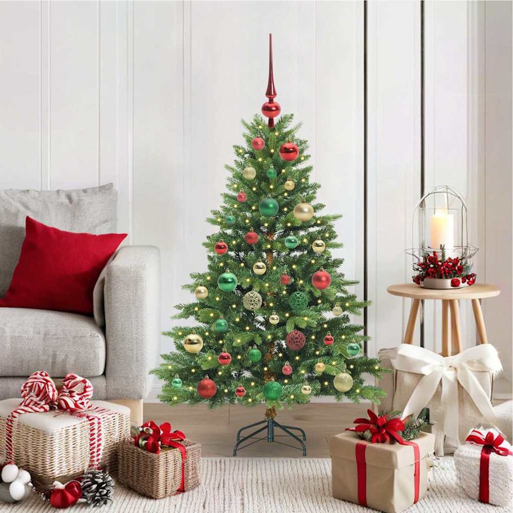 Petit sapin de noël artificiel 120 cm décoré, 150 led blanc chaud et 61 boules