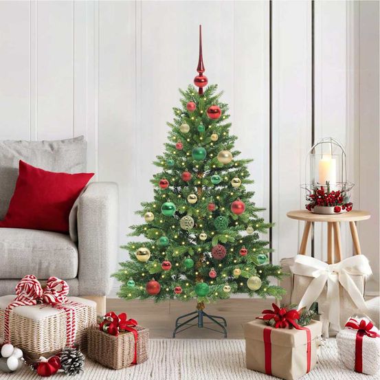 Petit sapin de noël artificiel 120 cm décoré, 150 led blanc chaud et 61 boules