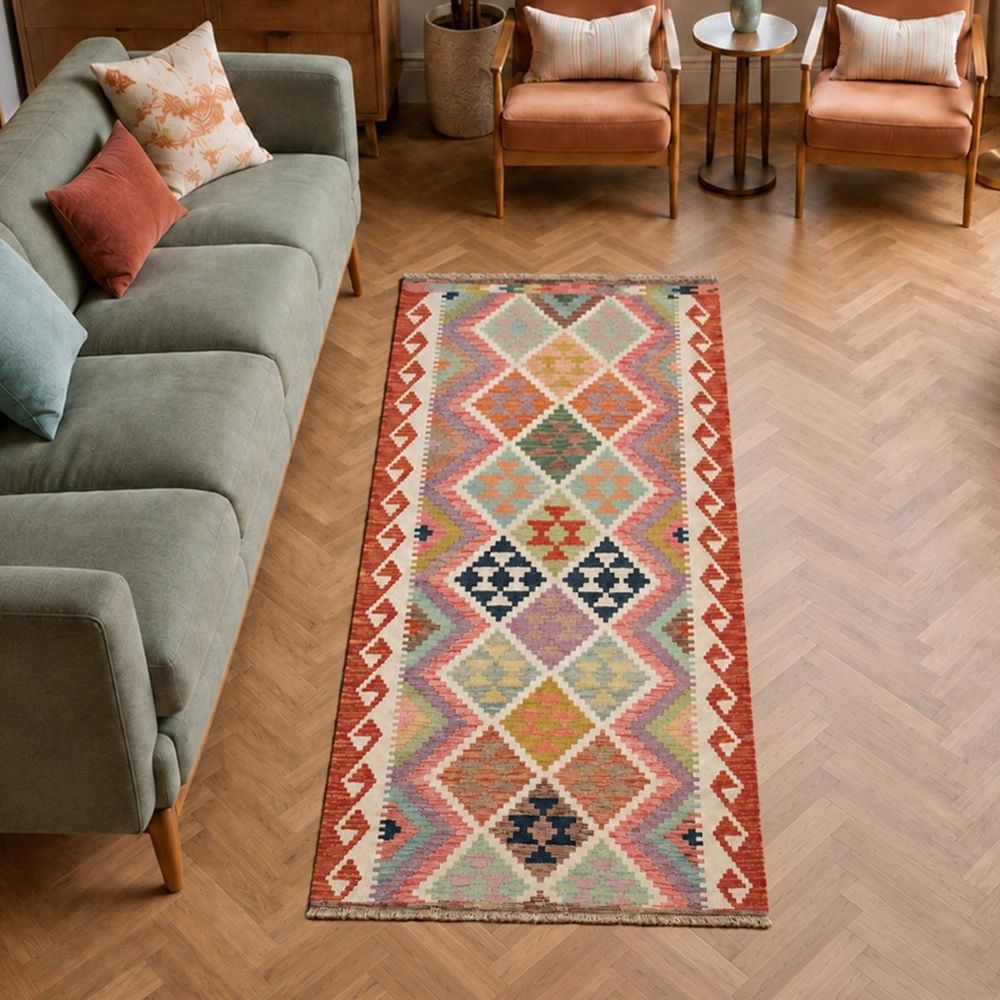 Tapis kilim 101 x 203 cm, multicolore beige et rouge, en laine, kilim 49