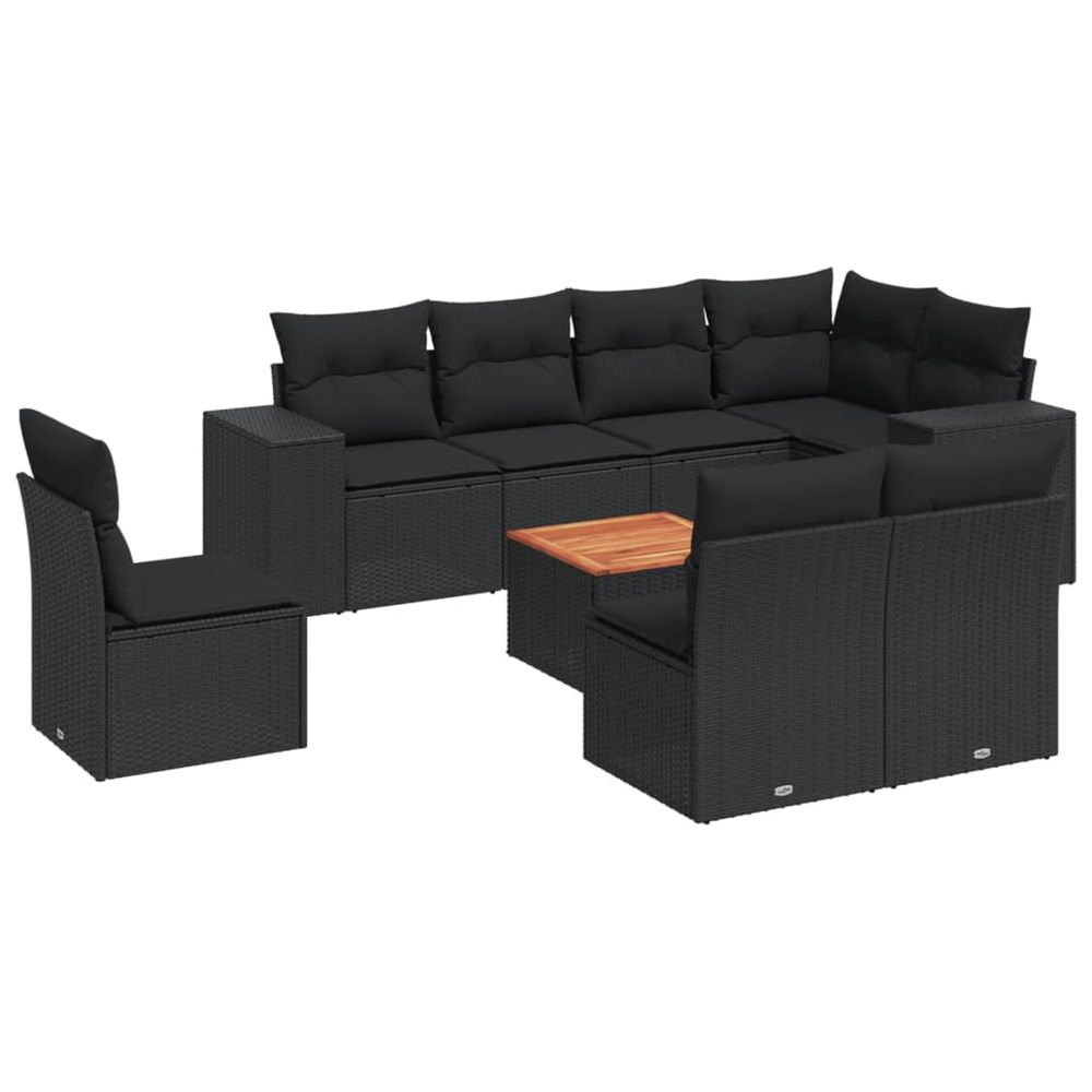 Salon de jardin 9 pcs avec coussins noir résine tressée