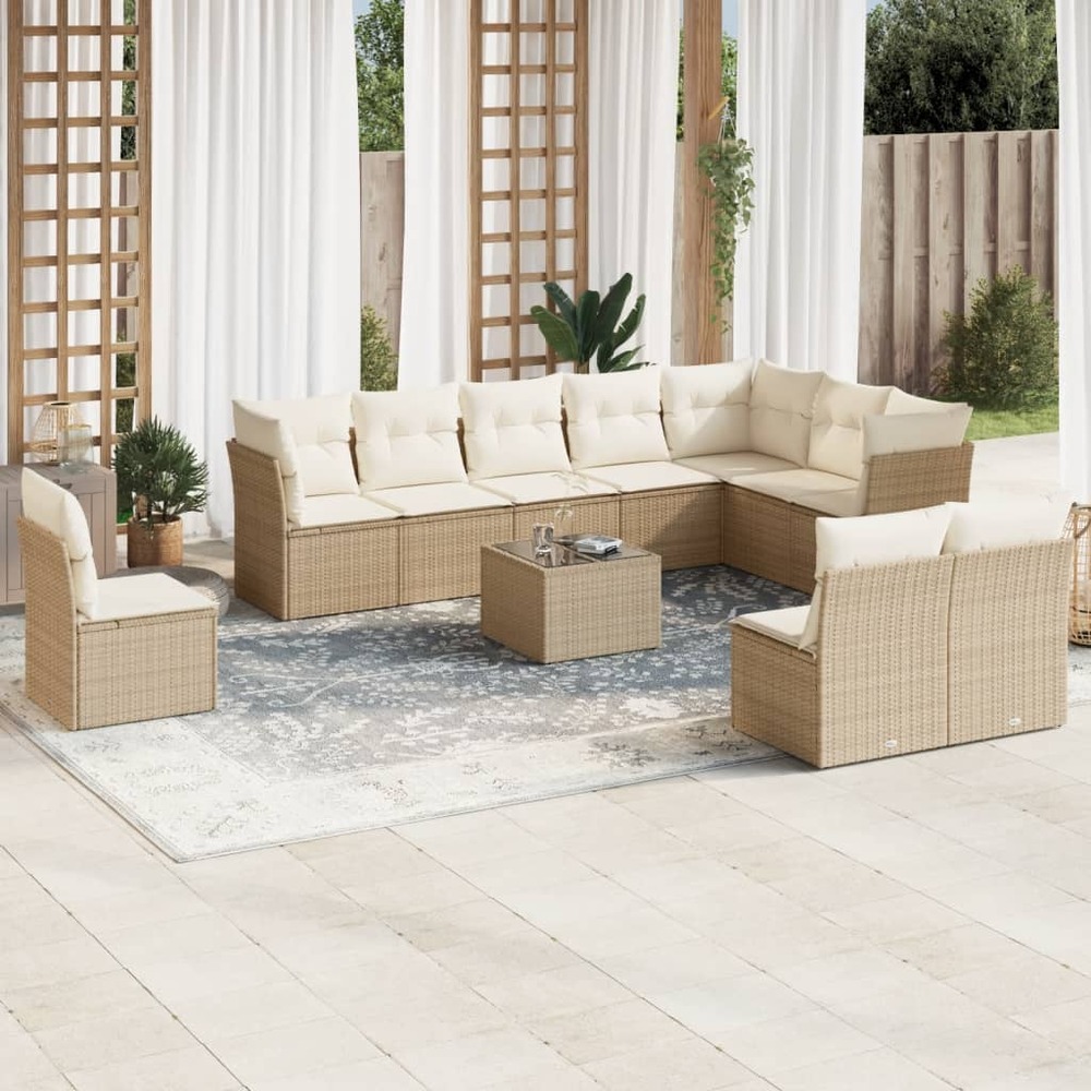Salon de jardin 11 pcs avec coussins beige résine tressée