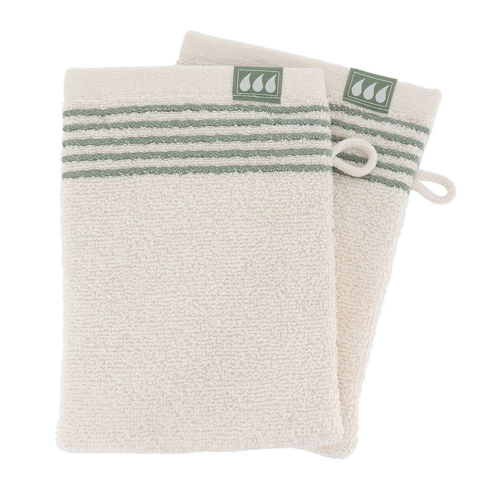 Set de 2 gants de toilette a rayures 15x21 cm 100% coton - ivoire/vert sauge