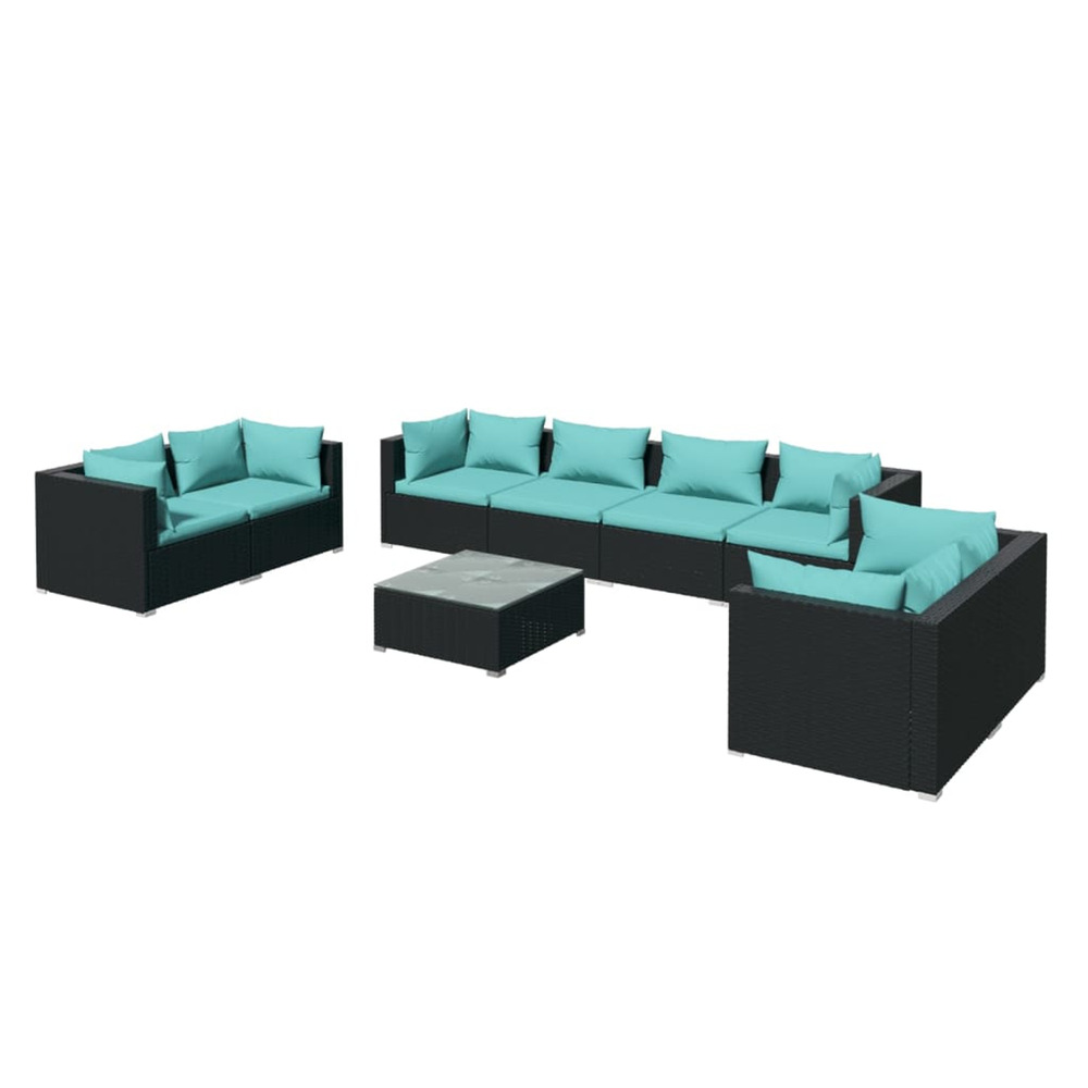 Salon de jardin 9 pcs avec coussins résine tressée noir