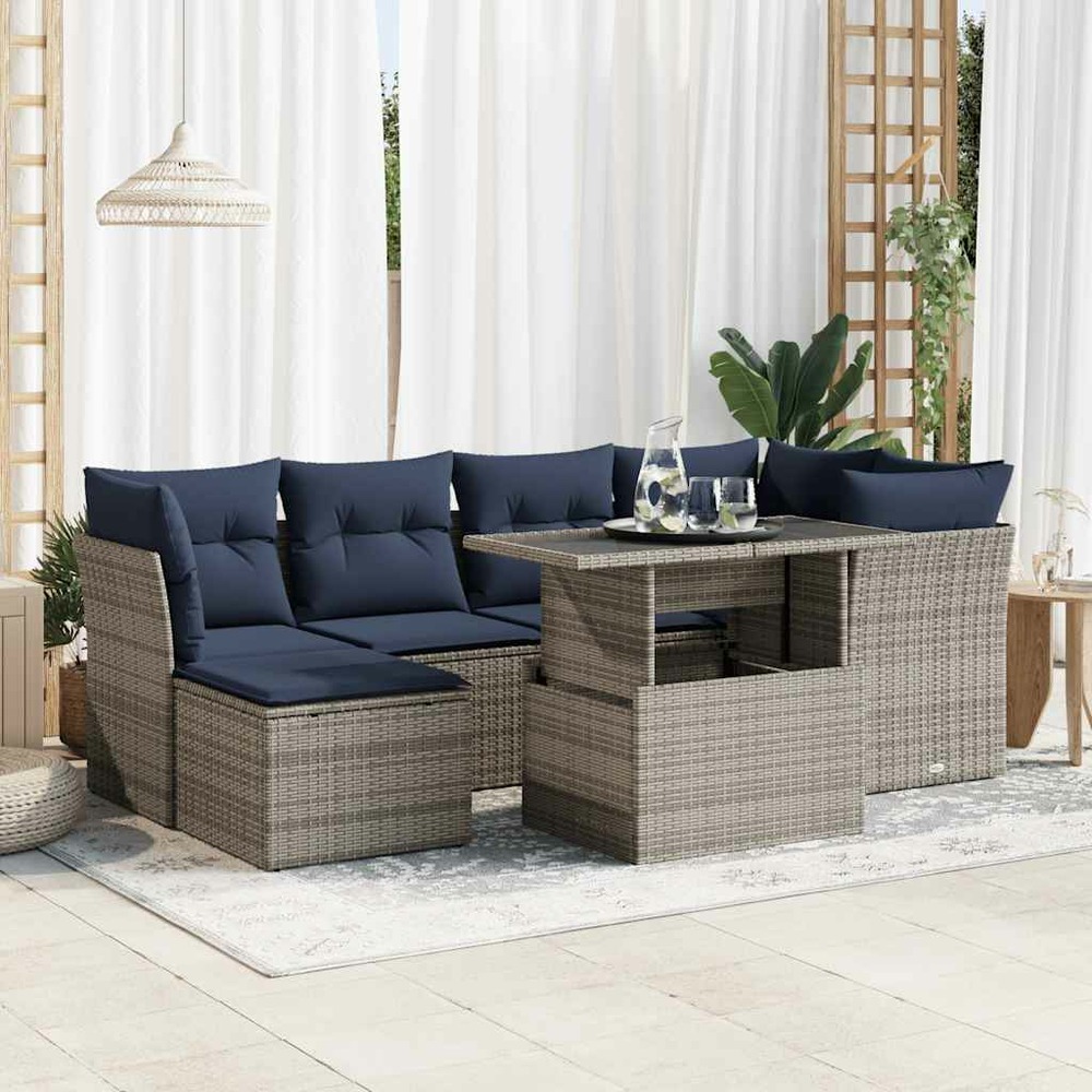 Salon de jardin avec coussins 7 pcs gris résine tressée acacia