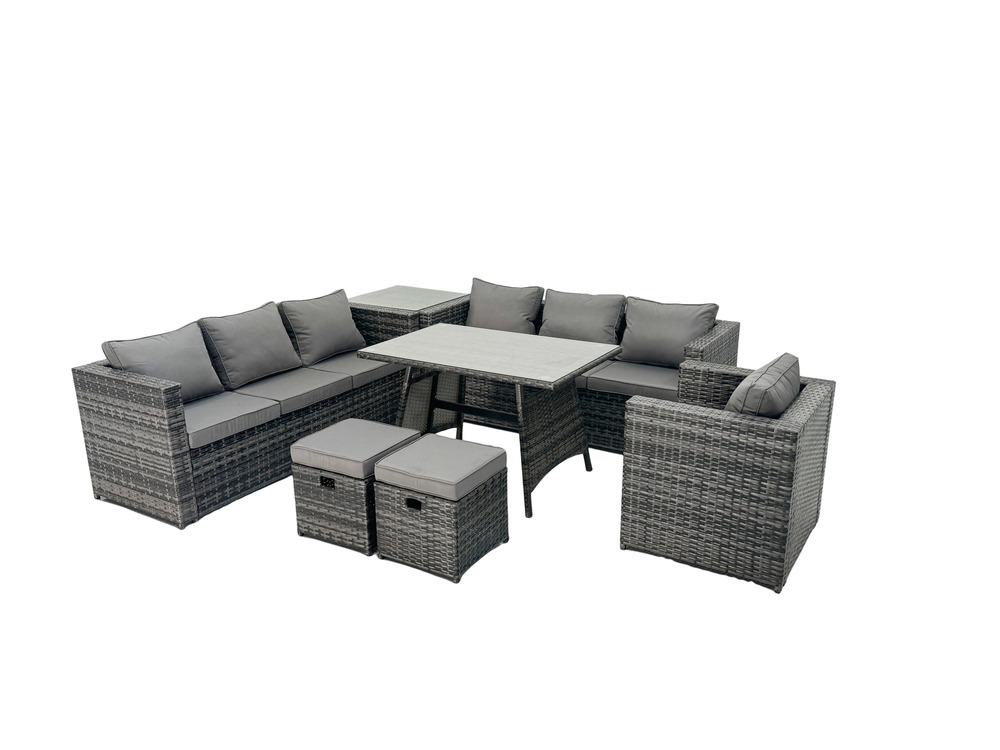 9 places ensemble de canapé en rotin extérieur avec table à manger fauteuil table d'appoint 2 petits tabourets gris foncé mixte