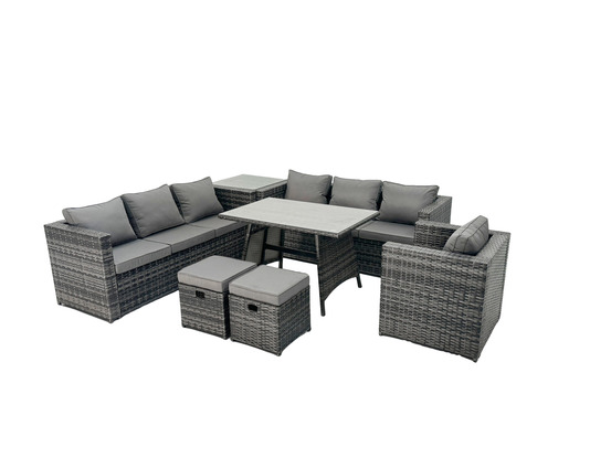 9 places ensemble de canapé en rotin extérieur avec table à manger fauteuil table d'appoint 2 petits tabourets gris foncé mixte