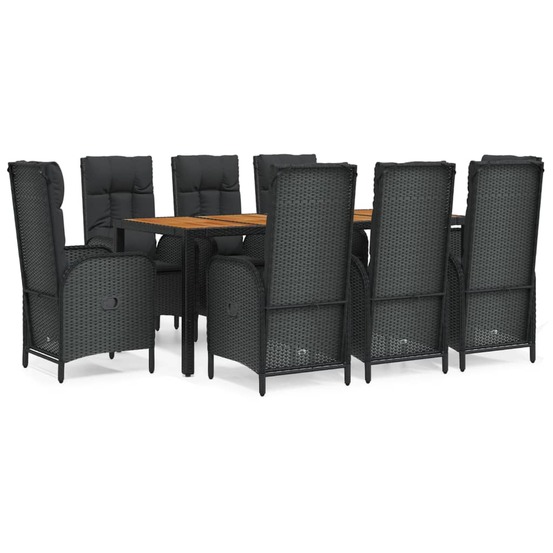 Ensemble à manger jardin 9pcs et coussins noir résine tressée