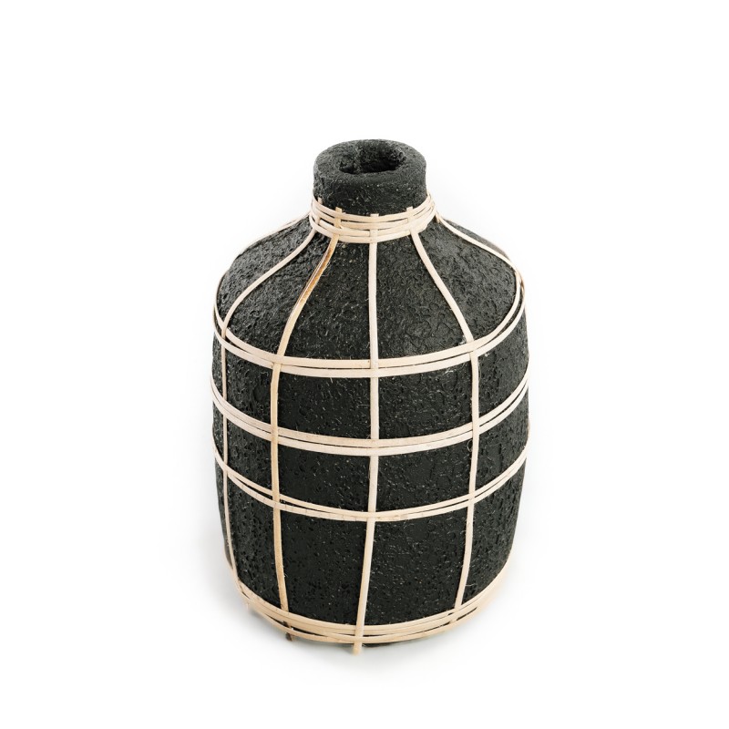 Vase avec rotin en béton noir 13x13x23 cm