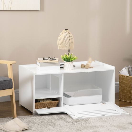 Meuble maison toilette chat bois mdf cache litière banc rangement 90cm blanc
