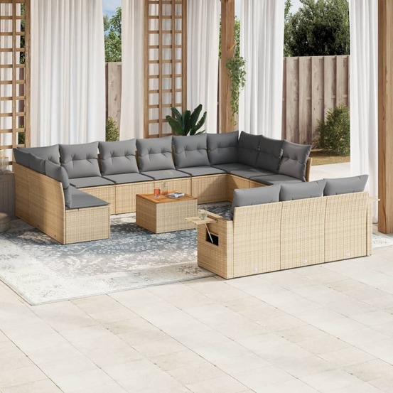 Salon de jardin avec coussins 14 pcs beige résine tressée