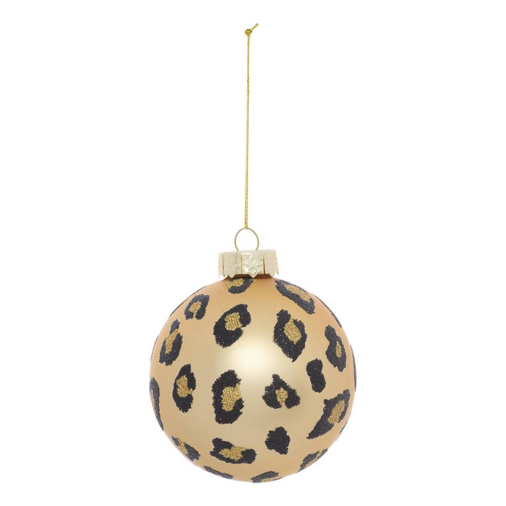 Boule de noël en verre motif léopard doré d. 80 mm