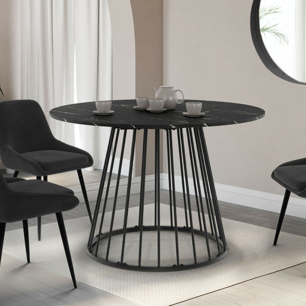Table à manger ronde yuna 6 personnes plateau effet marbre noir alaska et pied filaire en métal noir 110 cm