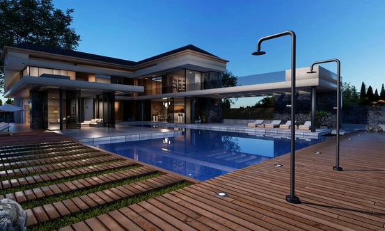 Douche de piscine noir en inox 316 avec diffuseur orientable et robinet