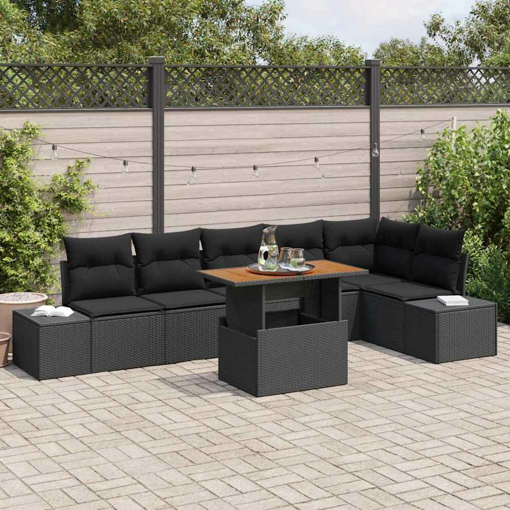 Ensemble de canapé de jardin 7 pcs noir poly rotin