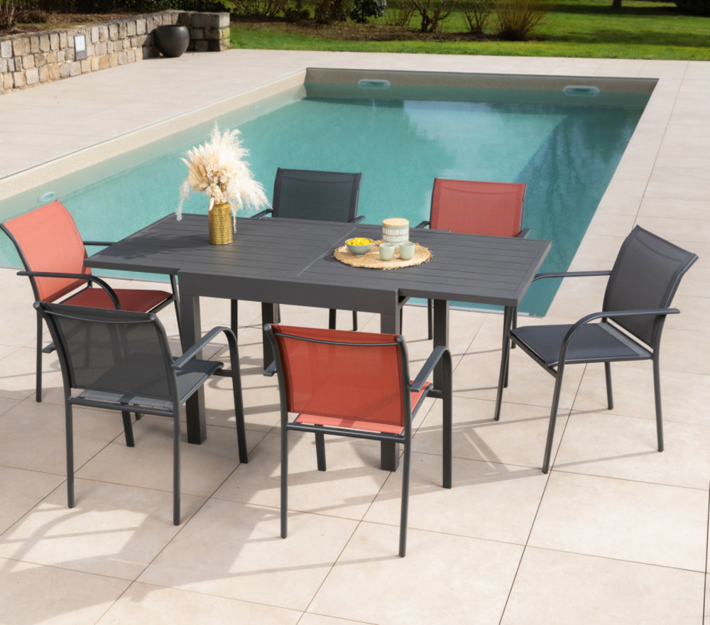 Ensemble table et chaises de jardin - 6 places - gris anthracite et terracotta - honfleur beziers