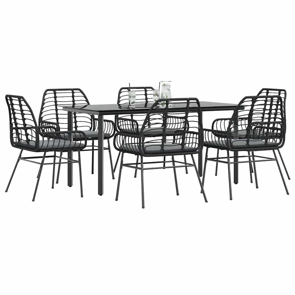Ensemble à manger de jardin coussins 7pcs noir poly rotin verre