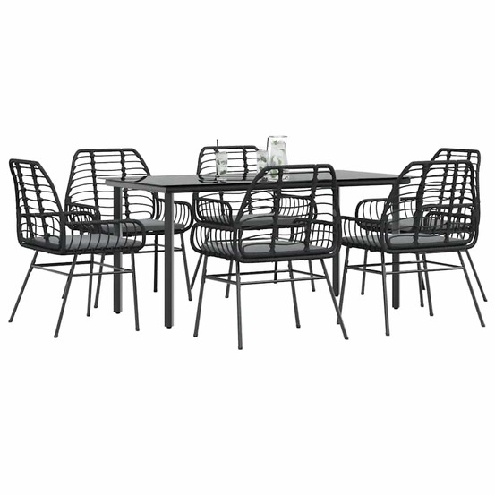 Ensemble à manger de jardin coussins 7pcs noir poly rotin verre