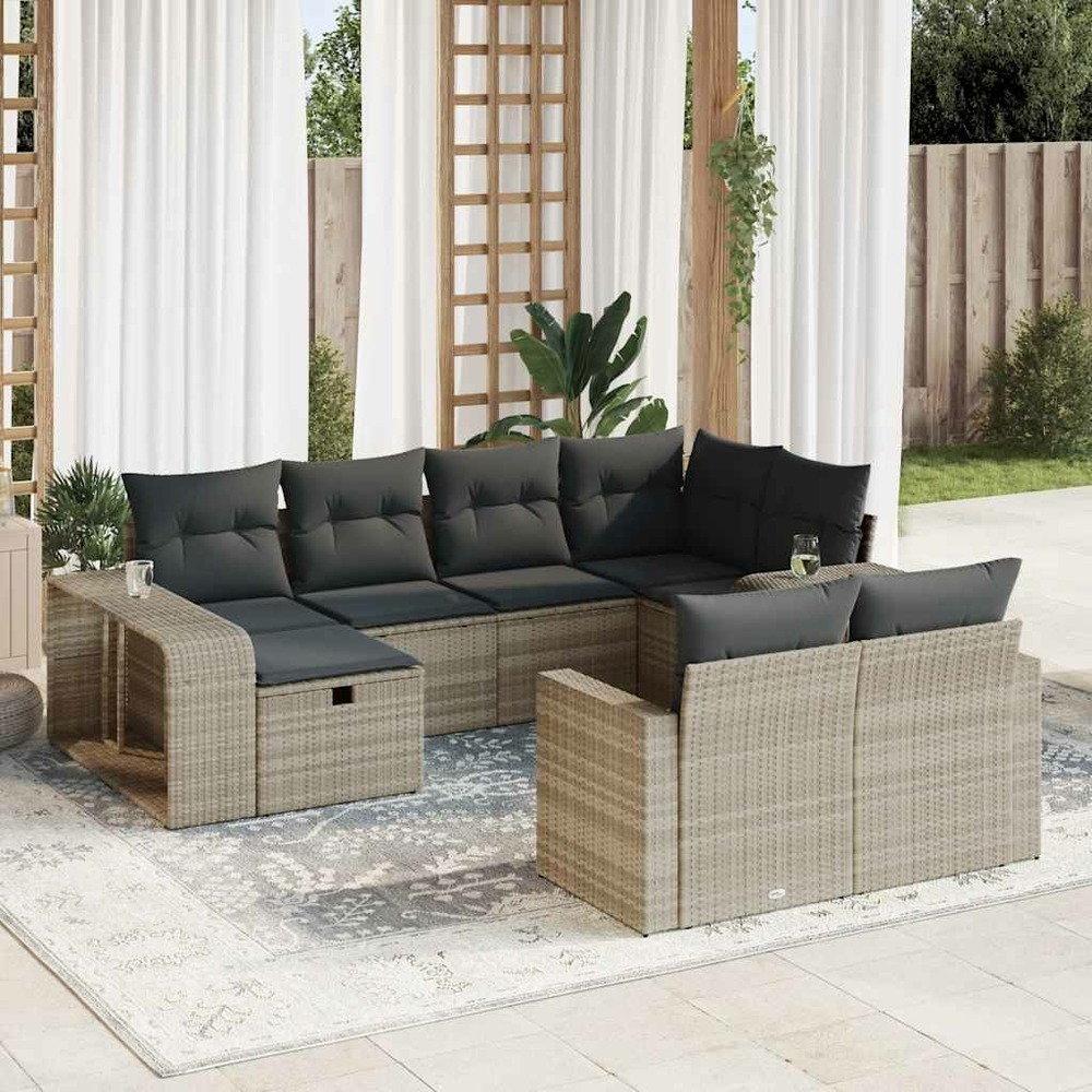 Salon de jardin avec coussins 10 pcs gris clair résine tressée