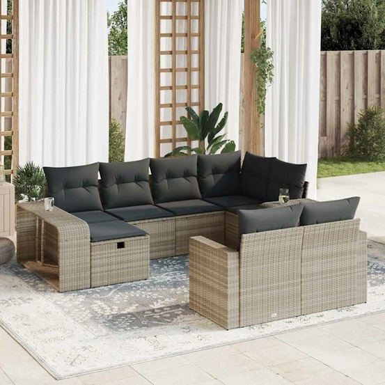 Salon de jardin avec coussins 10 pcs gris clair résine tressée