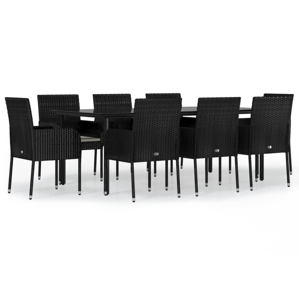 Ensemble à manger jardin 9pcs et coussins noir résine tressée