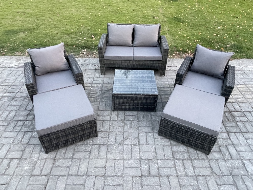 6 places ensemble de meubles de jardin en rotin ave 2 grand tabouret gris foncé