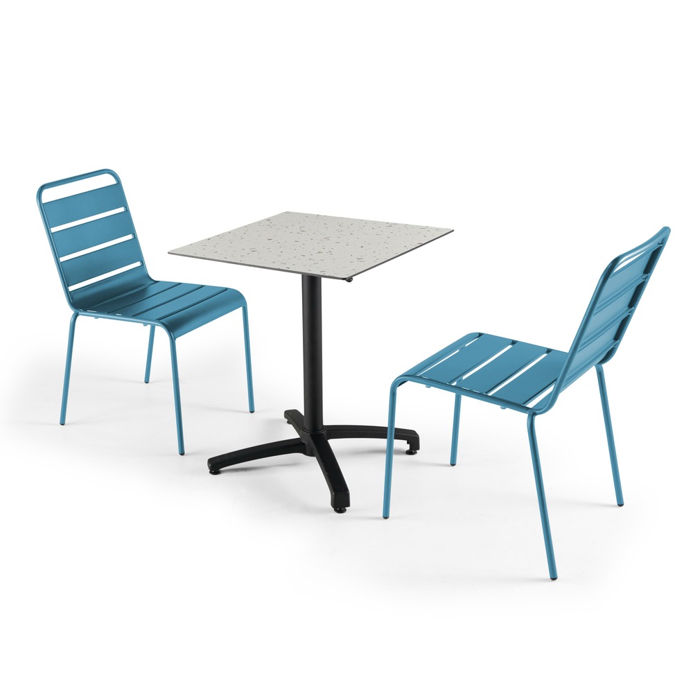 Ensemble table de jardin stratifié terrazzo et 2 chaises bleu pacific