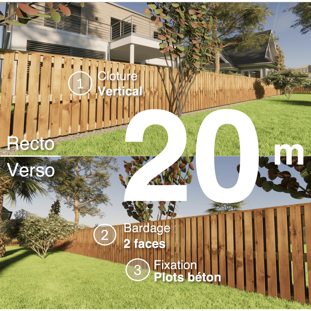 Kit clôture bois moderne 20m – h 0,9m – 20 x 70 mm autoclave marron – pose vertical – double face – à sceller