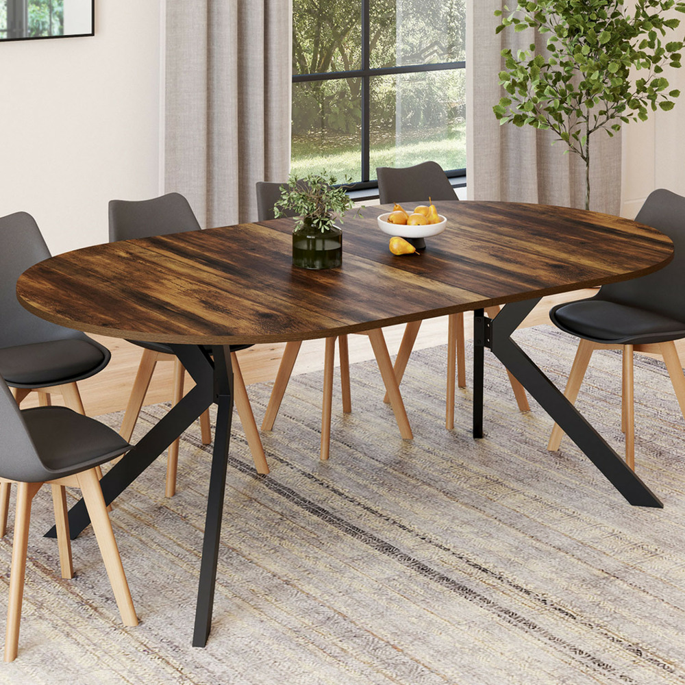 Table à manger extensible ronde alix 4-10 personnes pied araignée noir et plateau bois foncé hawkins 110-200 cm