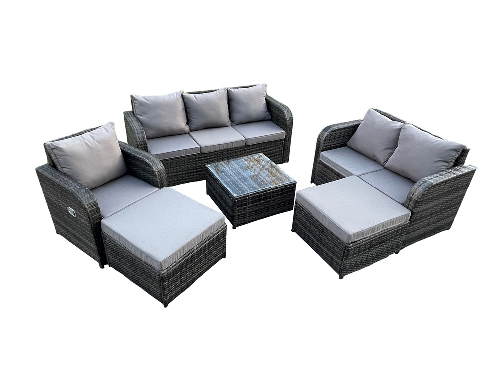 8 places dossier haut salon de jardin avec table basse carrée 2 grand tabourets ensemble de canapés en rotin gris foncé mixte