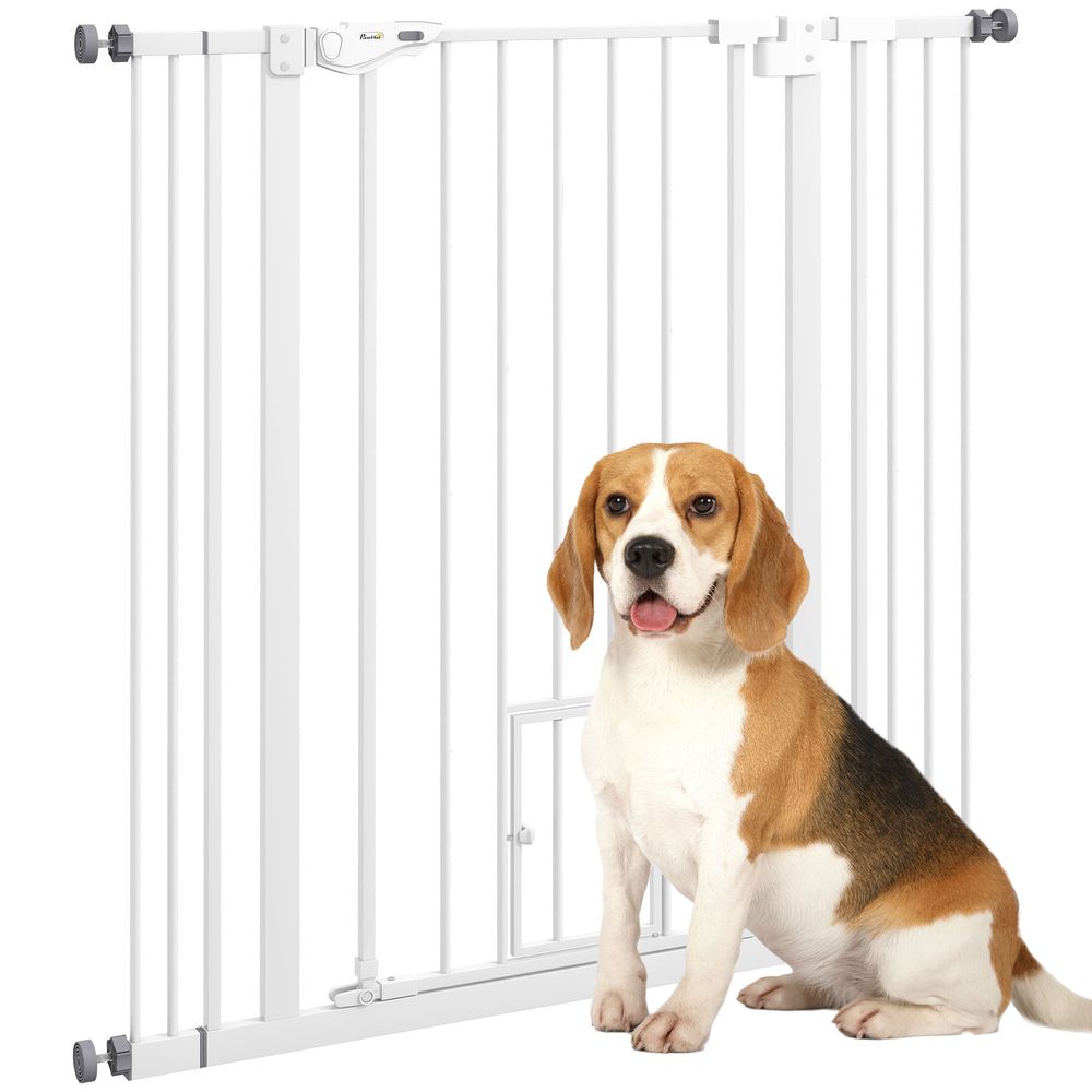 Barrière sécurité haute extensible acier avec chatière pour grand chien 74-101 cm blanc