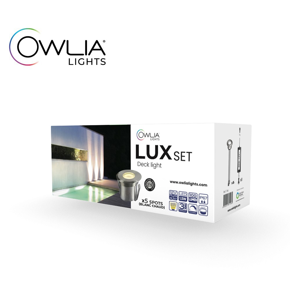 5 spots led lux blanc chaud + transformateur 30w - owlia - 50 000 heures de durée de vie moyenne - ø 70mm - spots terrasse