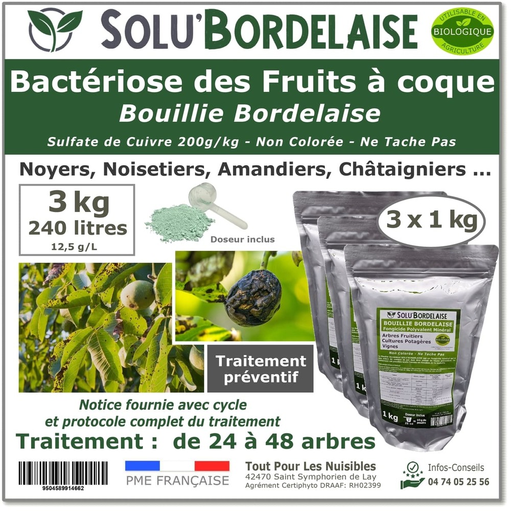 Solu'bordelaise - 3 kg de bouillie bordelaise - bactériose des fruits à coque - utilisable agriculture biologique - 3 sachets de 1kg