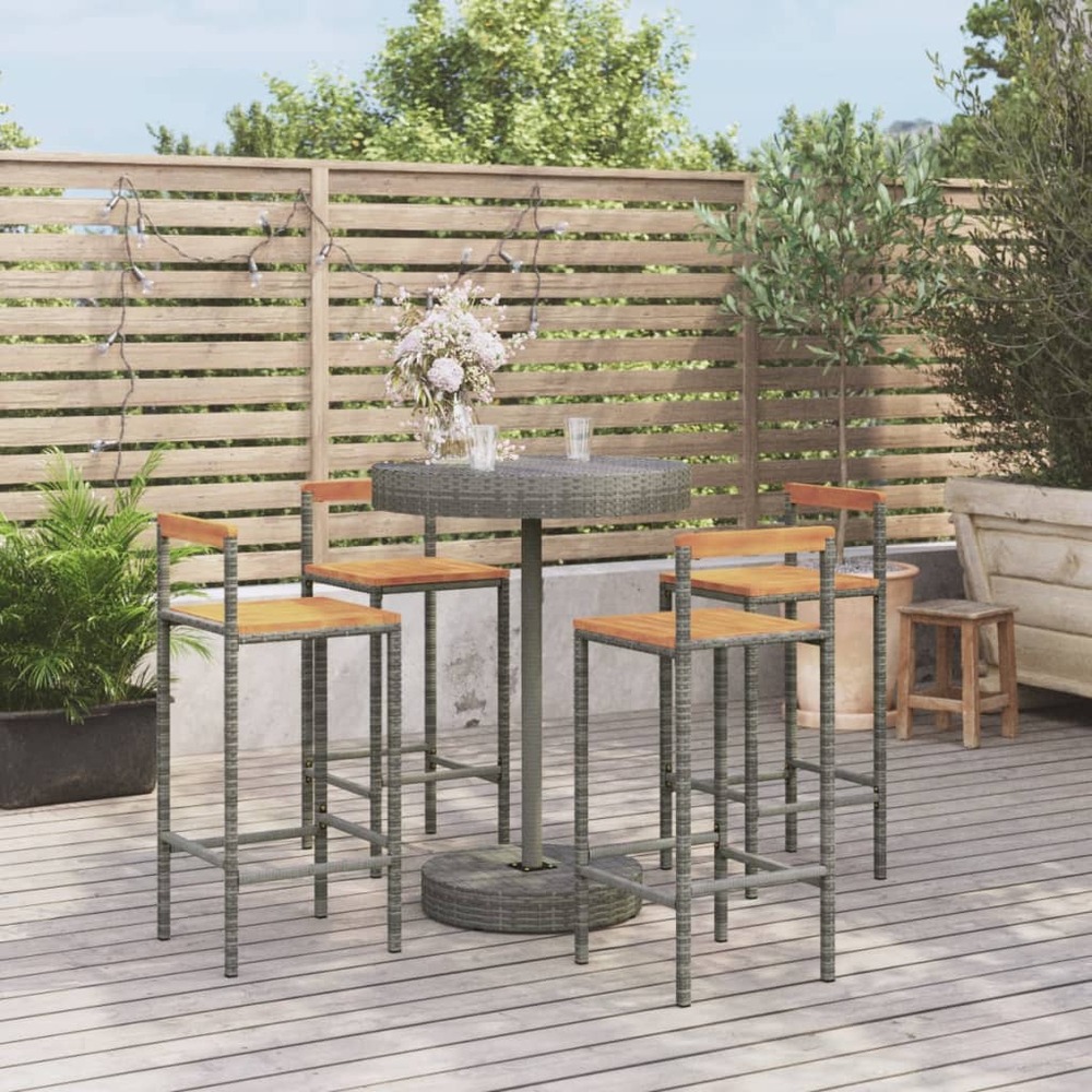 Ensemble de bar jardin 5 pcs gris poly rotin/bois massif acacia