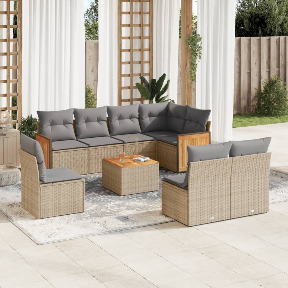 Salon de jardin avec coussins 9 pcs beige résine tressée