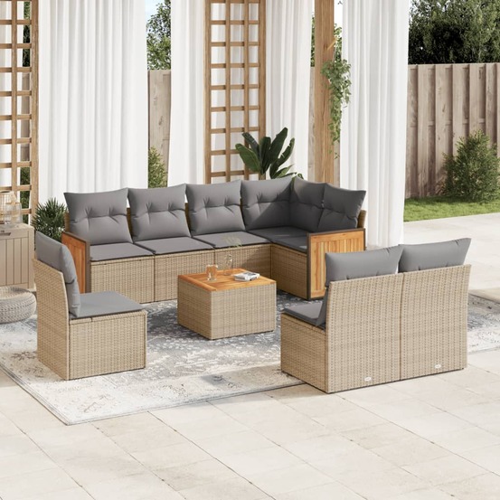 Salon de jardin avec coussins 9 pcs beige résine tressée