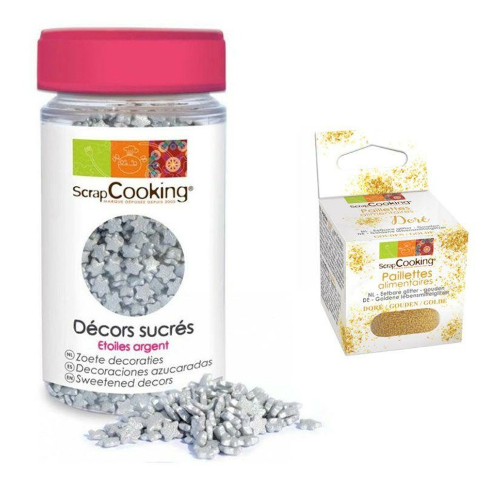 Décors sucrés étoiles argentées + paillettes dorées