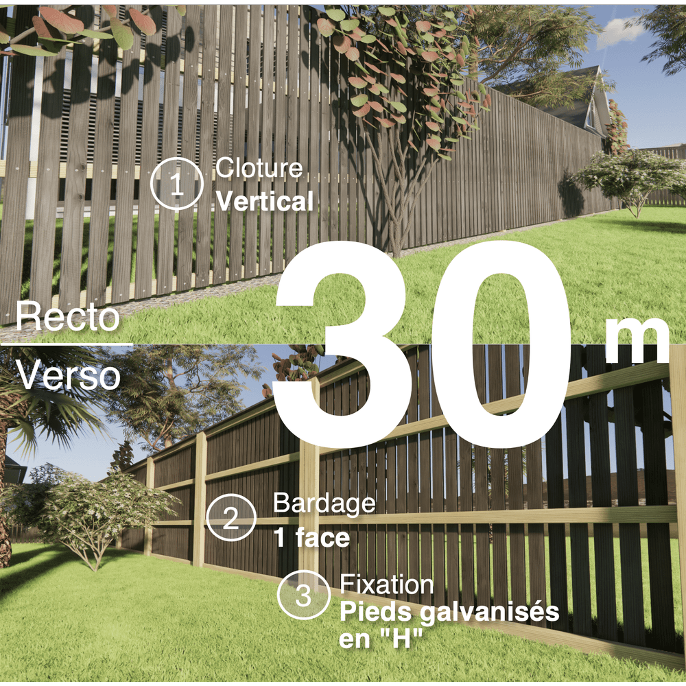 Kit clôture bois moderne 30m – h 1,9m – 20 x 70 mm noir par trempage – pose vertical – simple face – support galva