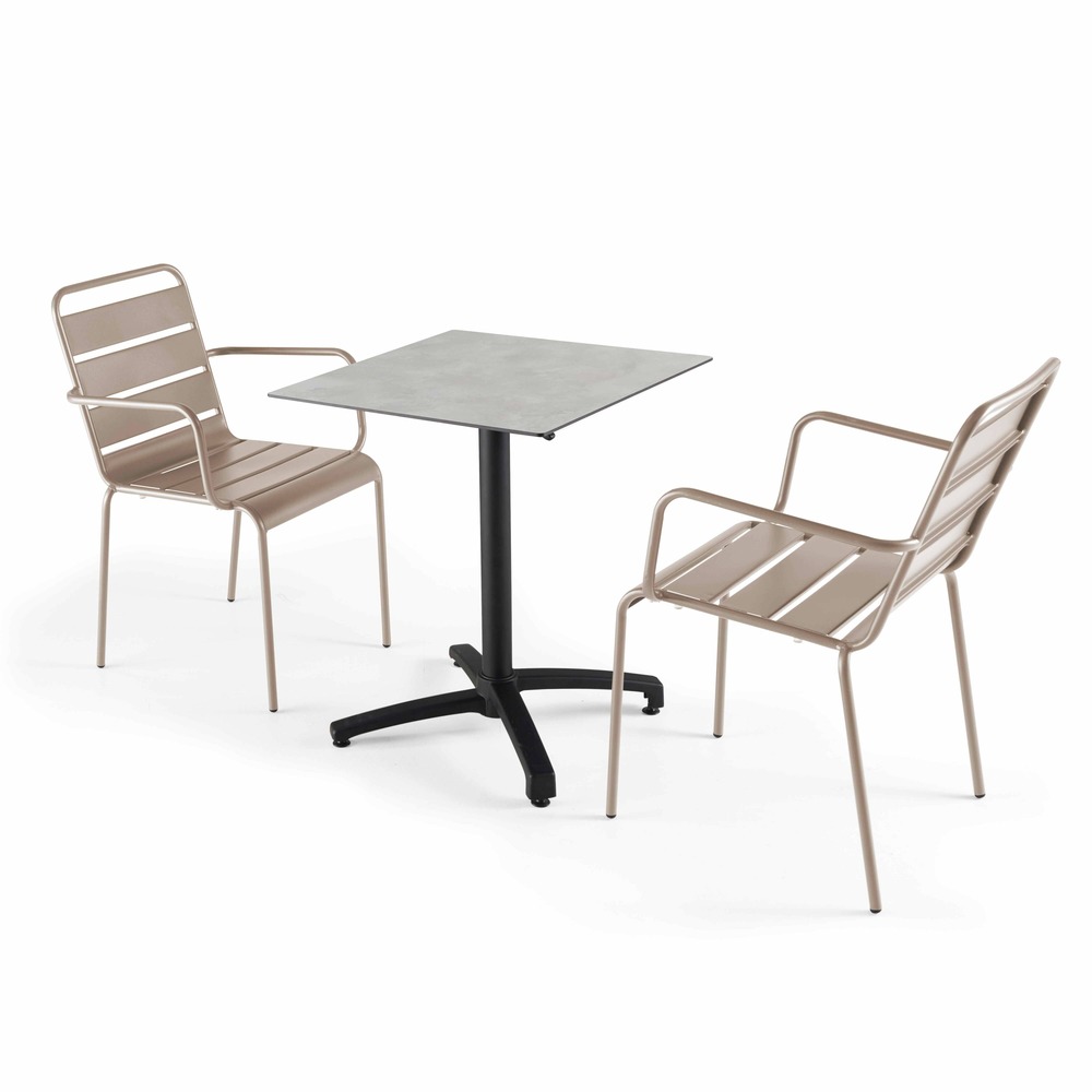 Ensemble table 60 cm gris clair et 2 fauteuils en métal taupe