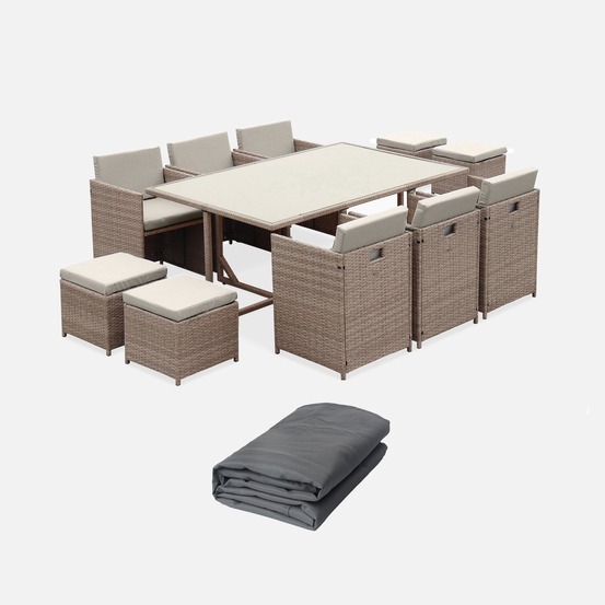Salon de jardin résine tressée beige. Coussins beige 6-10 places + housse de protection gris foncé polyester
