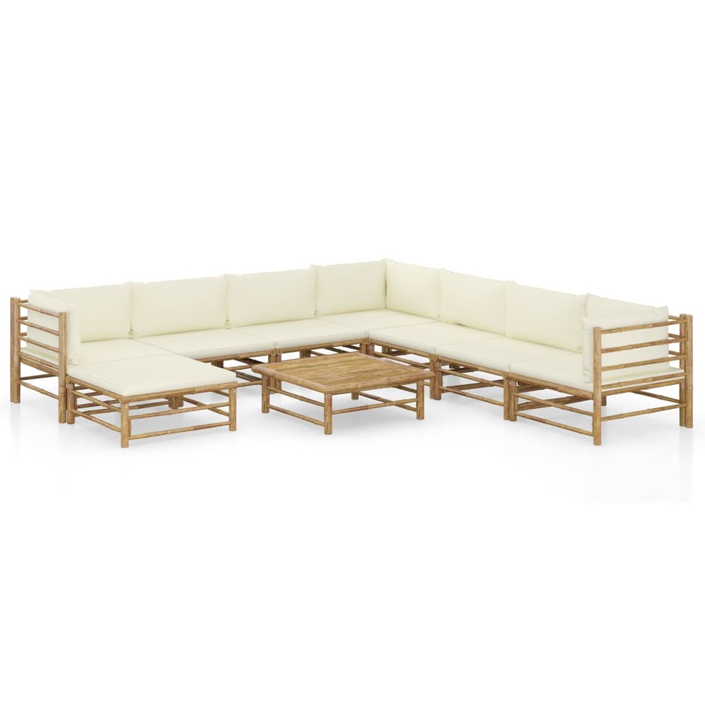Salon de jardin meuble d'extérieur ensemble de mobilier 9 pièces avec coussins blanc crème bambou