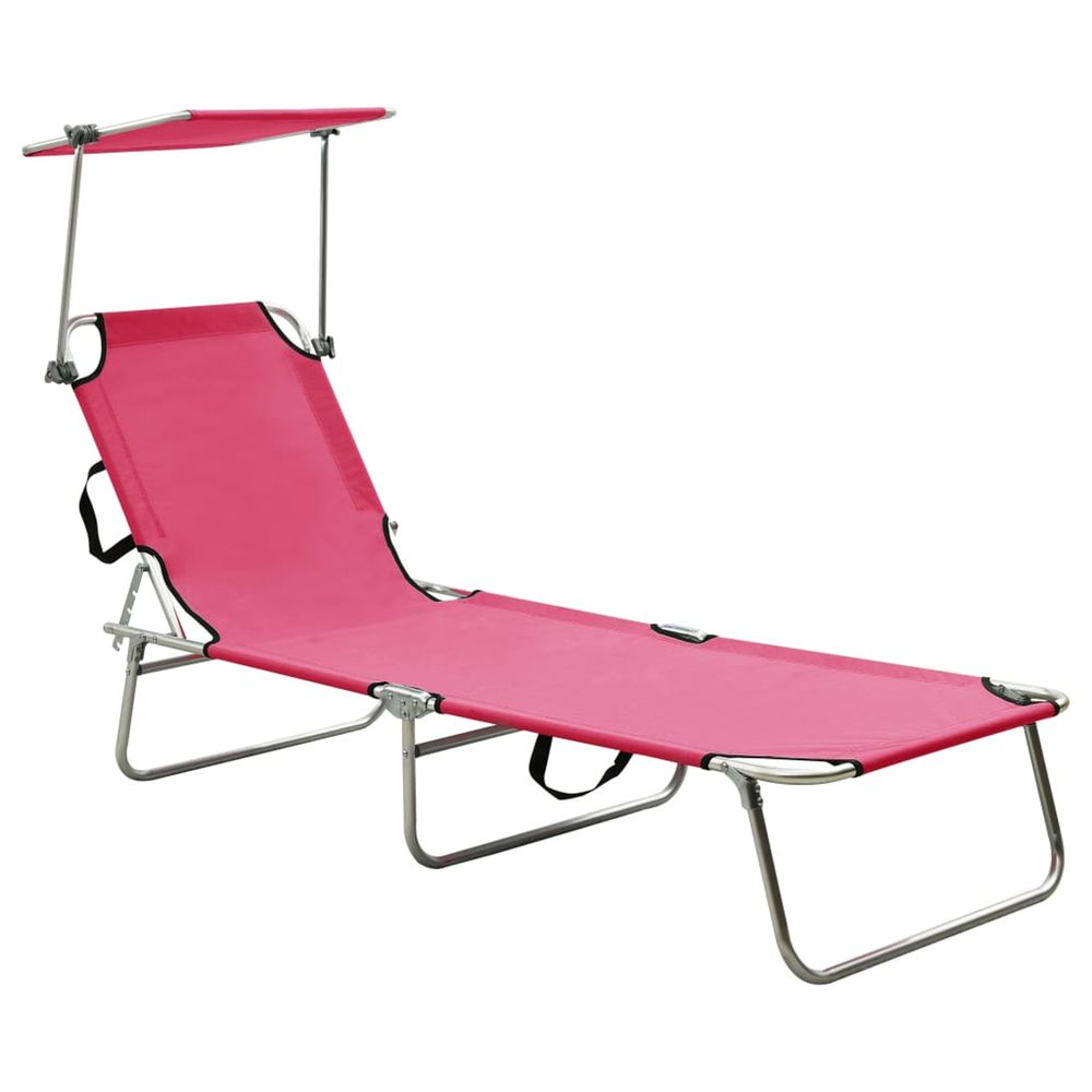 Chaise longue pliable avec auvent acier rose magento bain de soleil