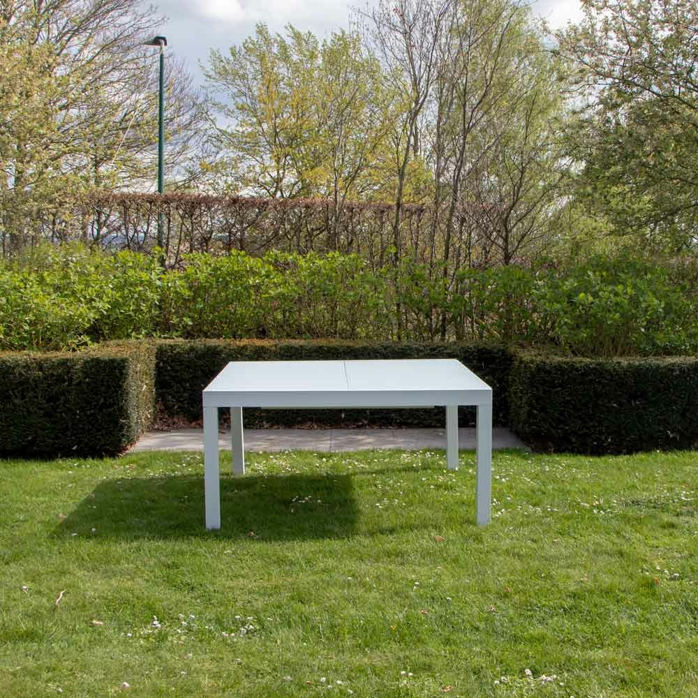 Table whitestar 8/12 personnes structure aluminium blanche, plateau en verre poli blanc