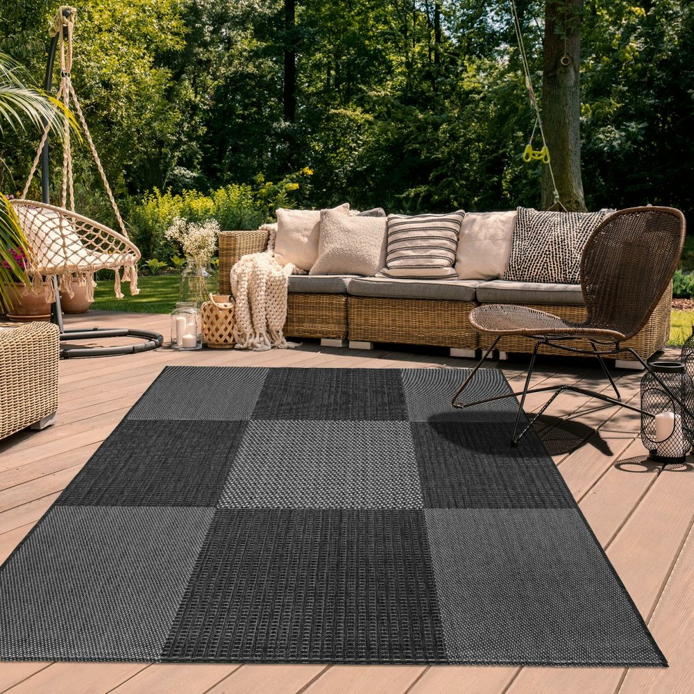 Tapis extérieur 133x190 tissé kilim anthracite et gris externa